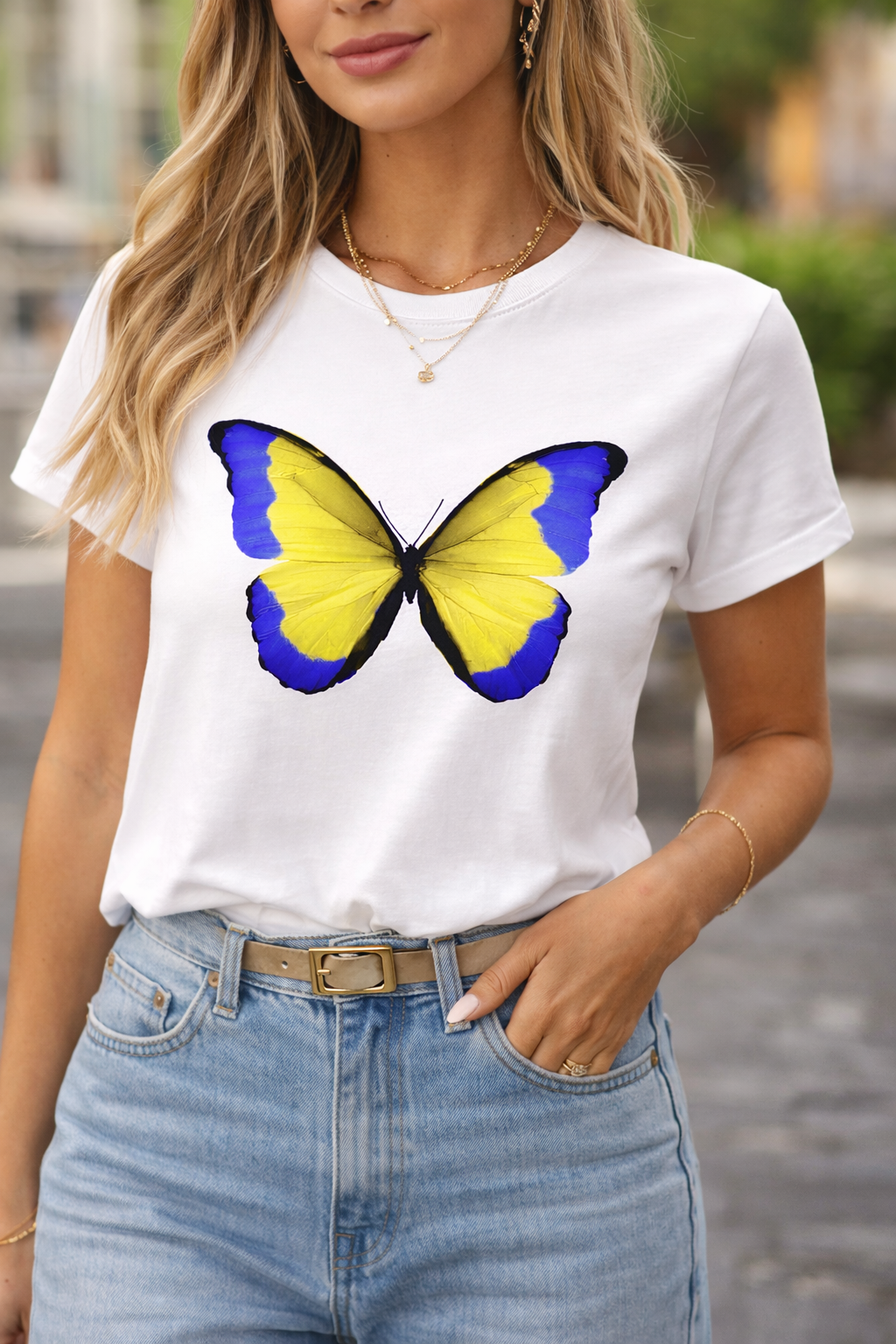 Blue & Yellow Butterfly Graphic T -Shirt