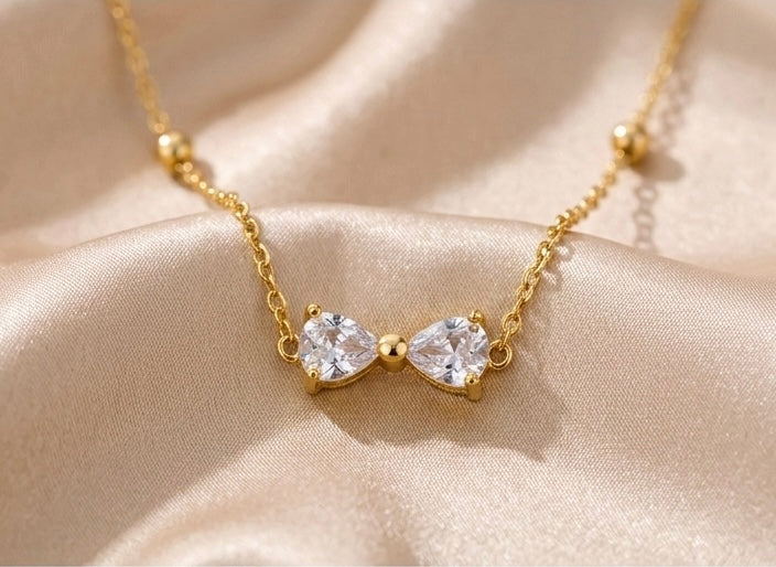 Minimal Gold Bow Crystal Necklace