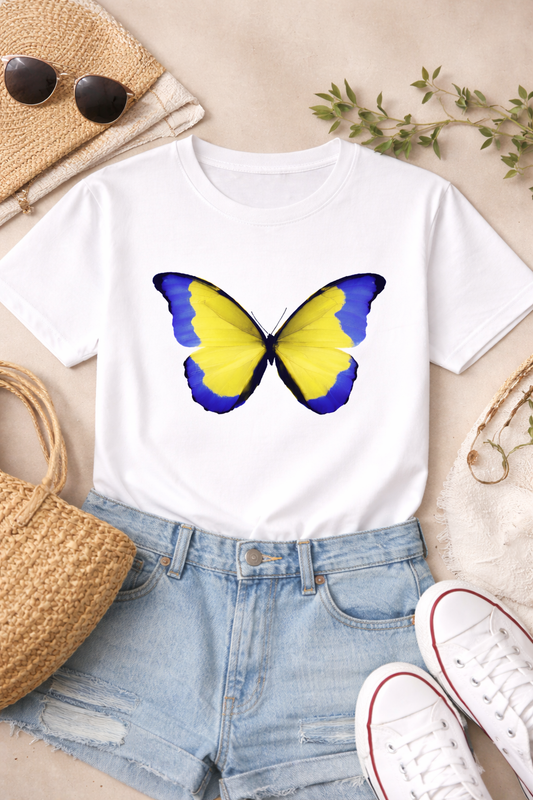 Blue & Yellow Butterfly Graphic    T -Shirt