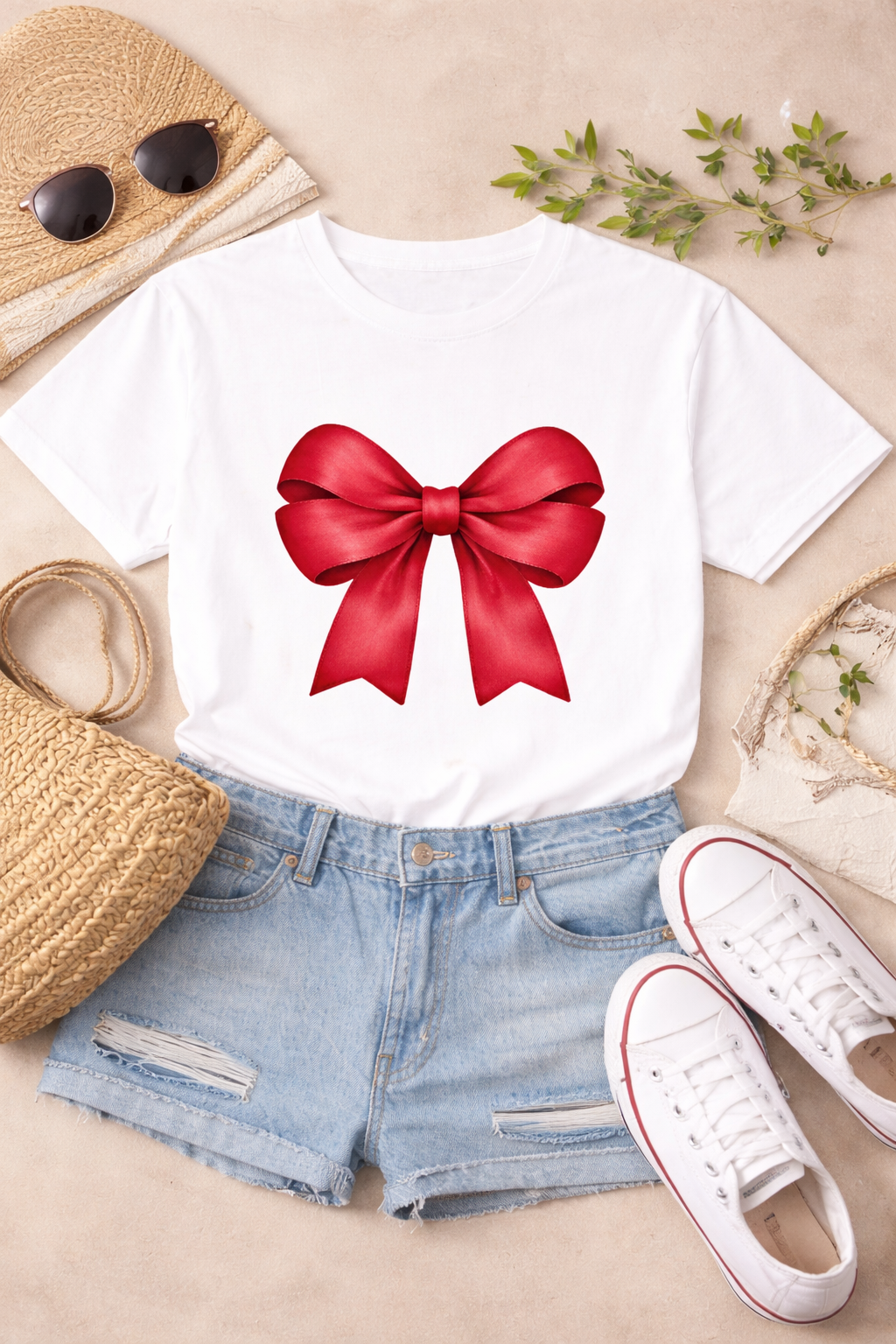 Red Bow Graphic White T-Shirt
