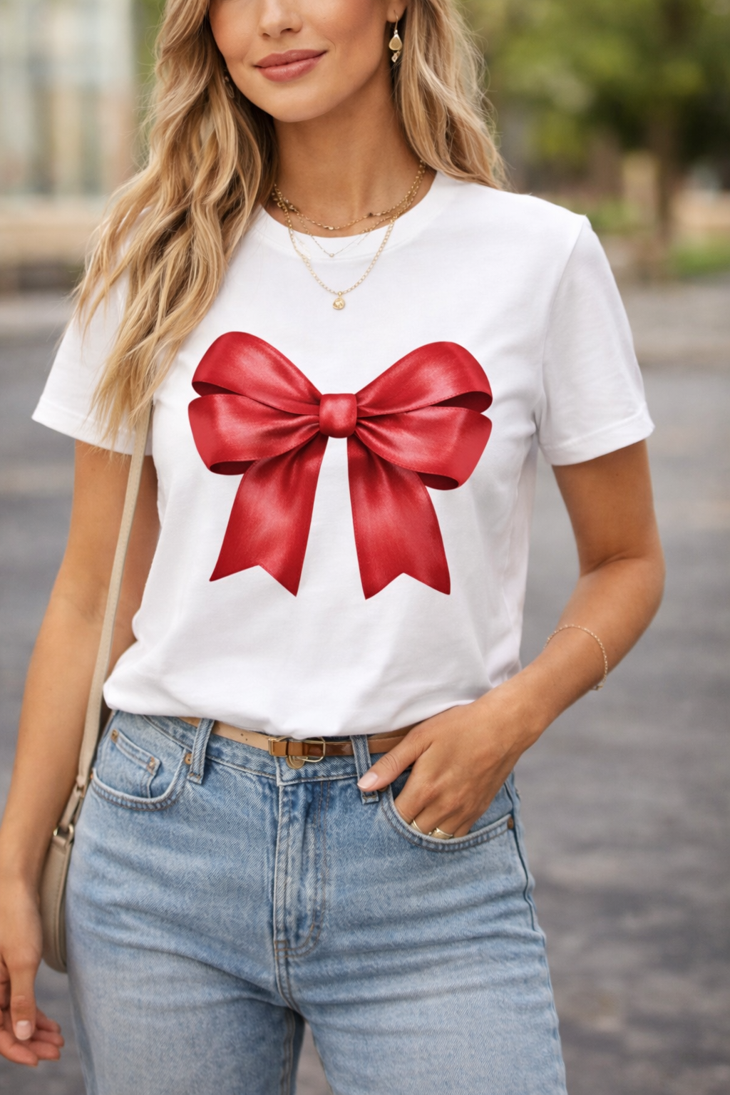 Red Bow Graphic White T-Shirt