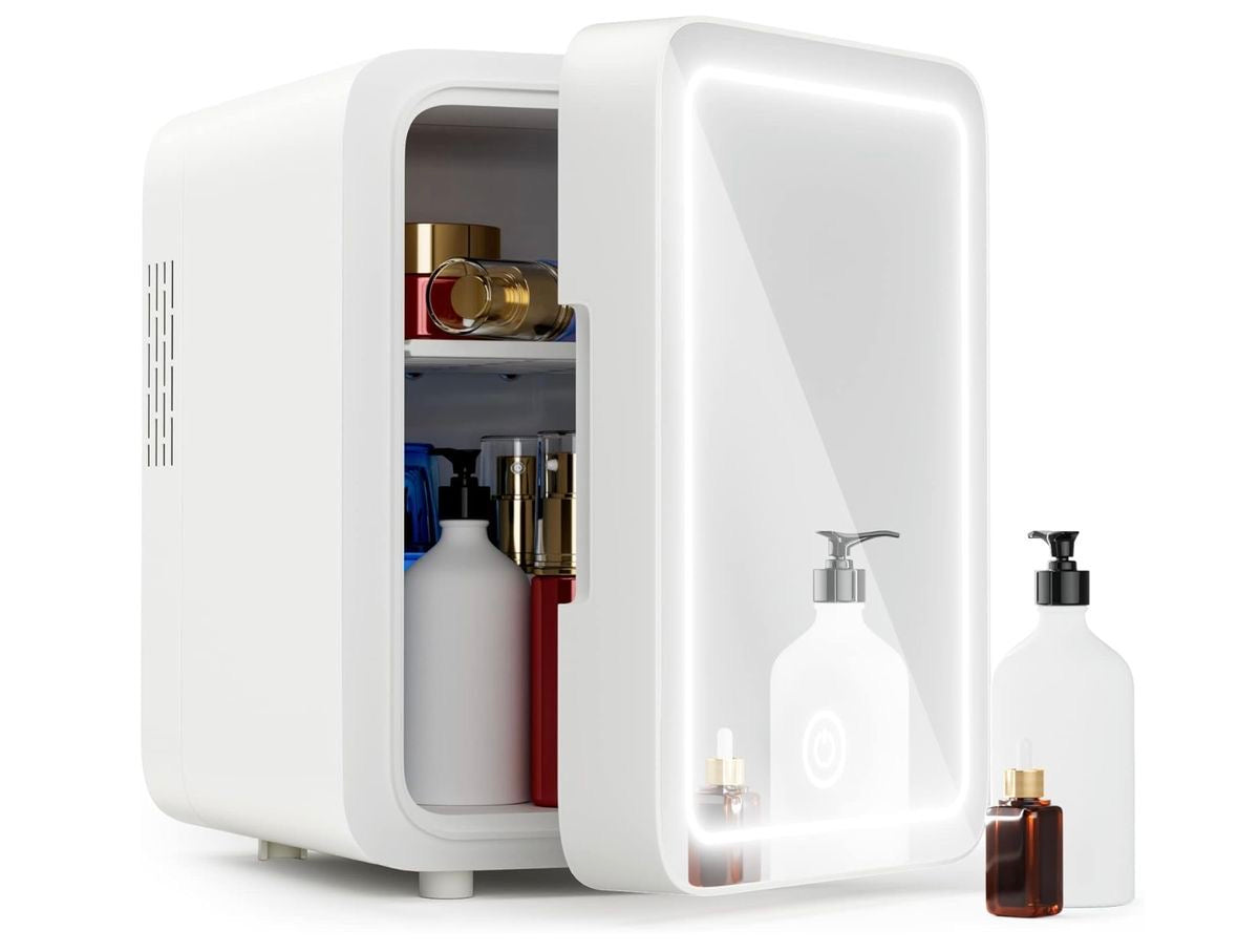Mini Skincare Fridge with LED Mirror – Portable Beauty Refrigerator (Pink / White)