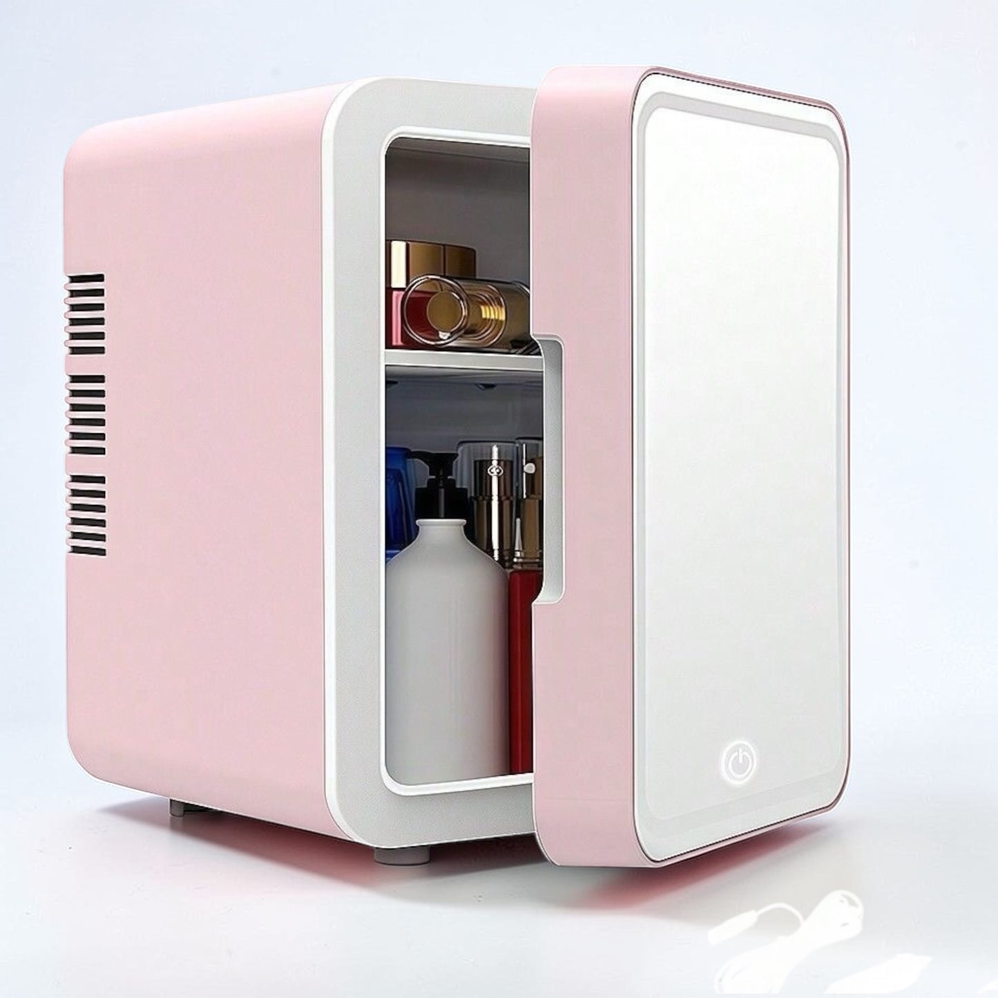 Mini Skincare Fridge with LED Mirror – Portable Beauty Refrigerator (Pink / White)