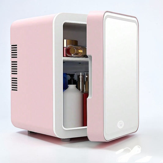 Mini Skincare Fridge with LED Mirror – Portable Beauty Refrigerator (Pink / White)