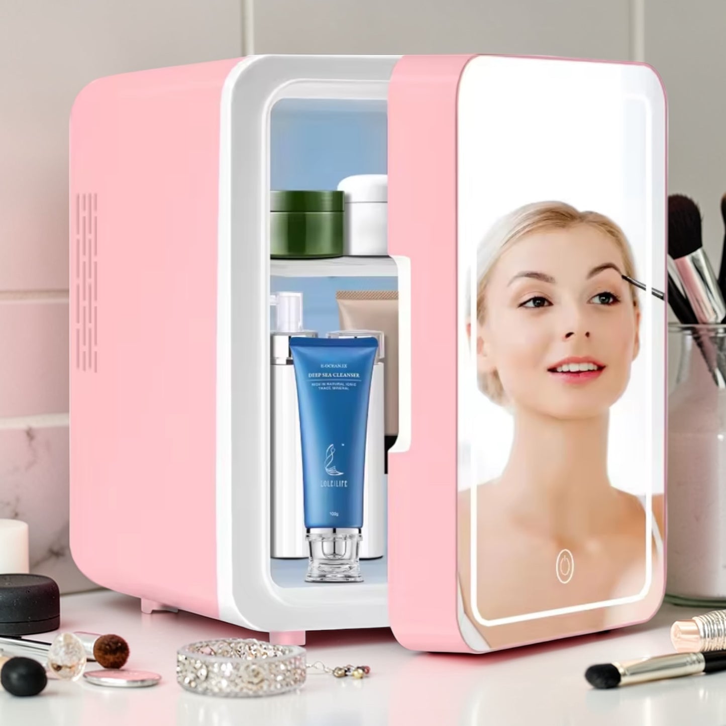 Mini Skincare Fridge with LED Mirror – Portable Beauty Refrigerator (Pink / White)