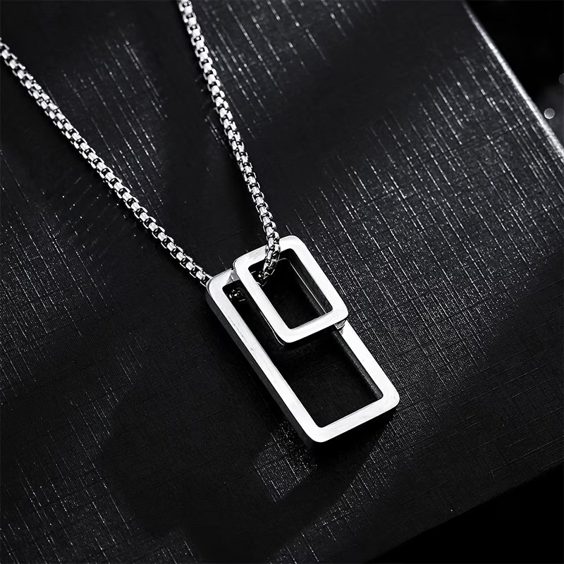 1pc 201 Stainless Steel Geometric Rectangle Pendant, Titanium 201 Stainless Steel Necklace for Men and Women, Ins Cool Style Personality Sweater Chain