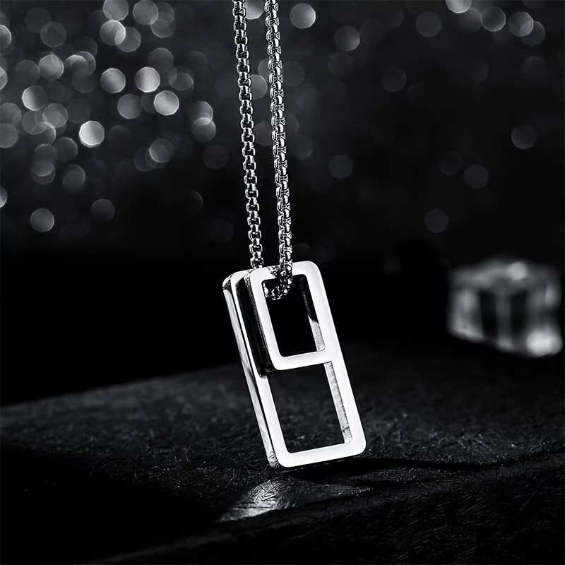 1pc 201 Stainless Steel Geometric Rectangle Pendant, Titanium 201 Stainless Steel Necklace for Men and Women, Ins Cool Style Personality Sweater Chain