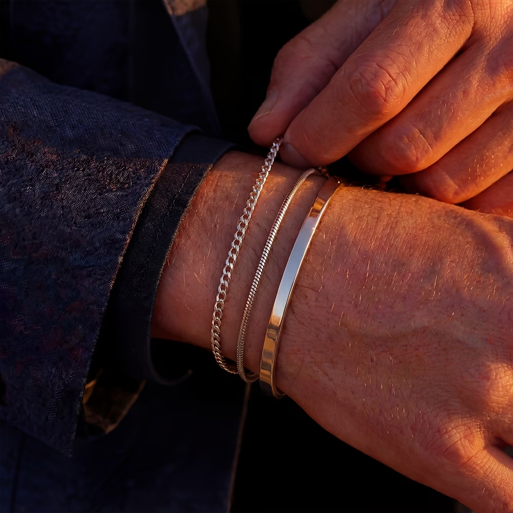 3pcs Minimalist Men's Stainless Steel Bracelet Set: Silvery Snake Chain and Cuban Link Adjustable Bangle, Men's Fashion Accessory Jewelry Set