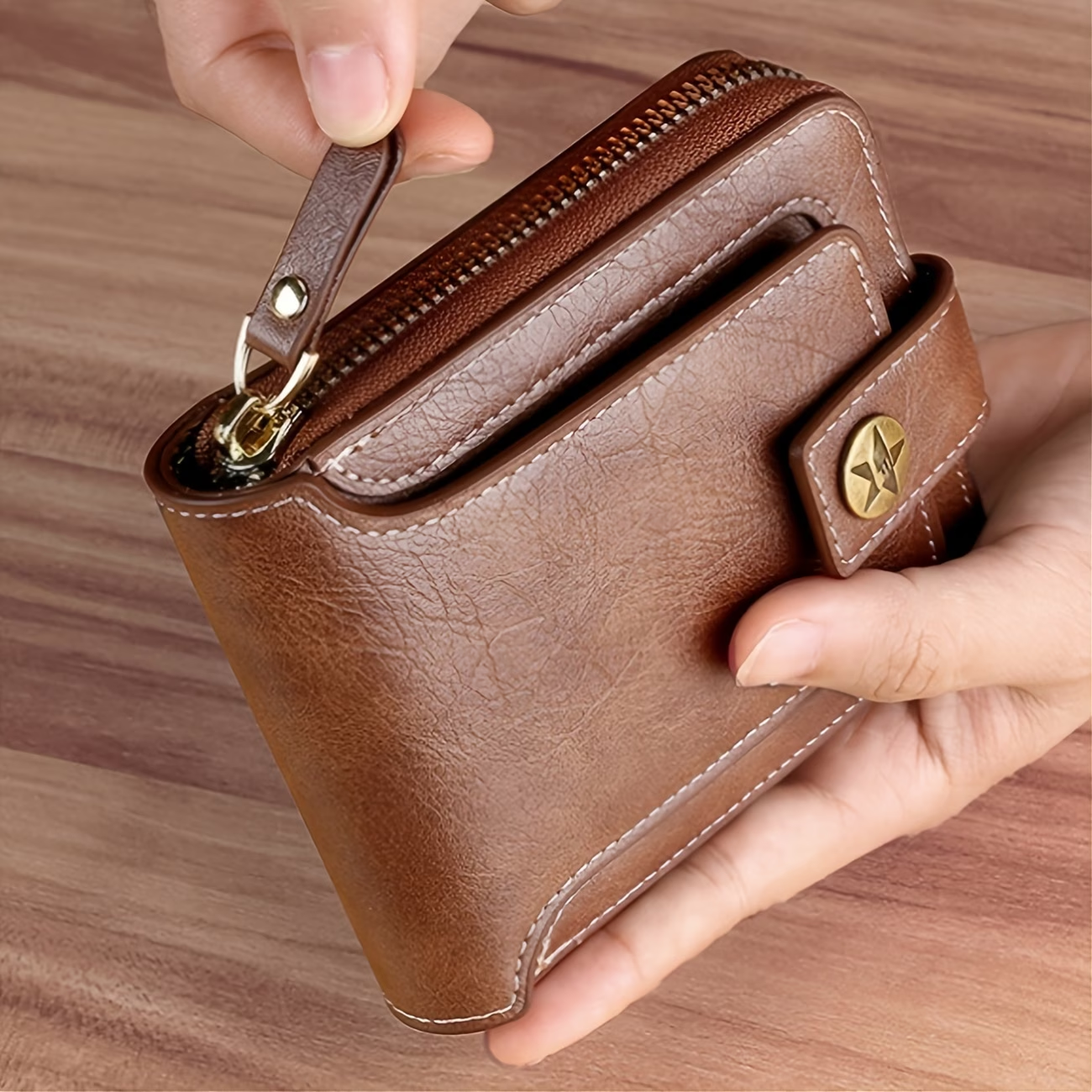 Men'S Solid Color Business Wallet, Card Holder with Zipper And Button