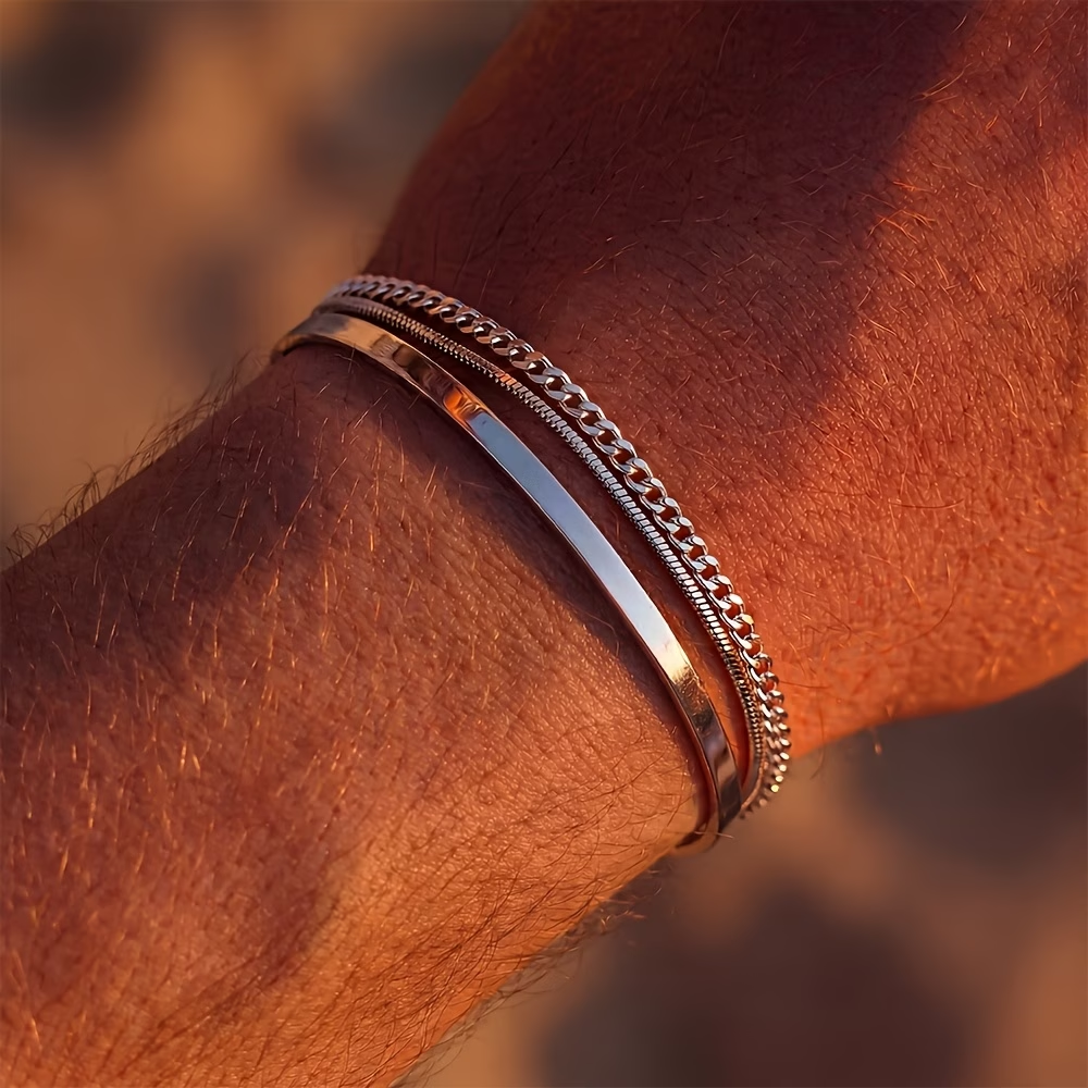 3pcs Minimalist Men's Stainless Steel Bracelet Set: Silvery Snake Chain and Cuban Link Adjustable Bangle, Men's Fashion Accessory Jewelry Set