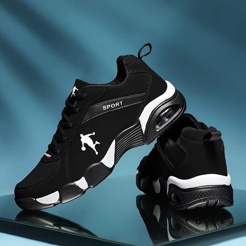 Men'S Breathable Mesh & PU Casual Sneakers with Geometric Design, Lace-Up Closure, and Cushioned Support - Black & White Colorway for Running, Walking, and Casual Attire -