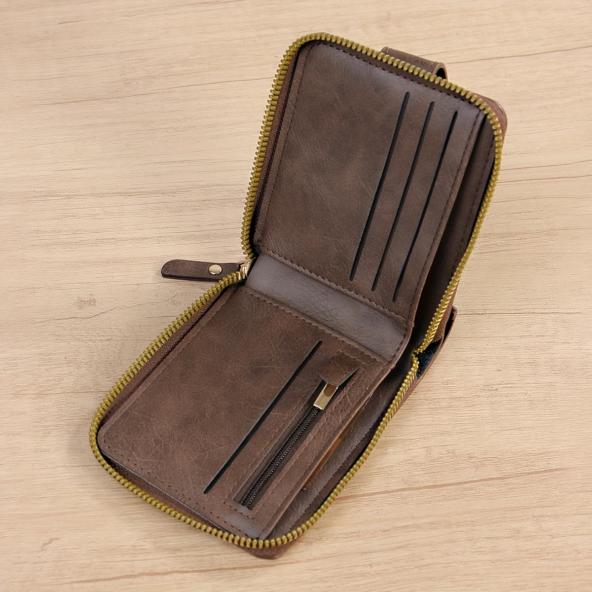 Men'S Solid Color Business Wallet, Card Holder with Zipper And Button