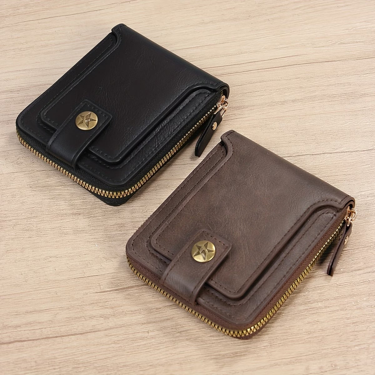 Men'S Solid Color Business Wallet, Card Holder with Zipper And Button