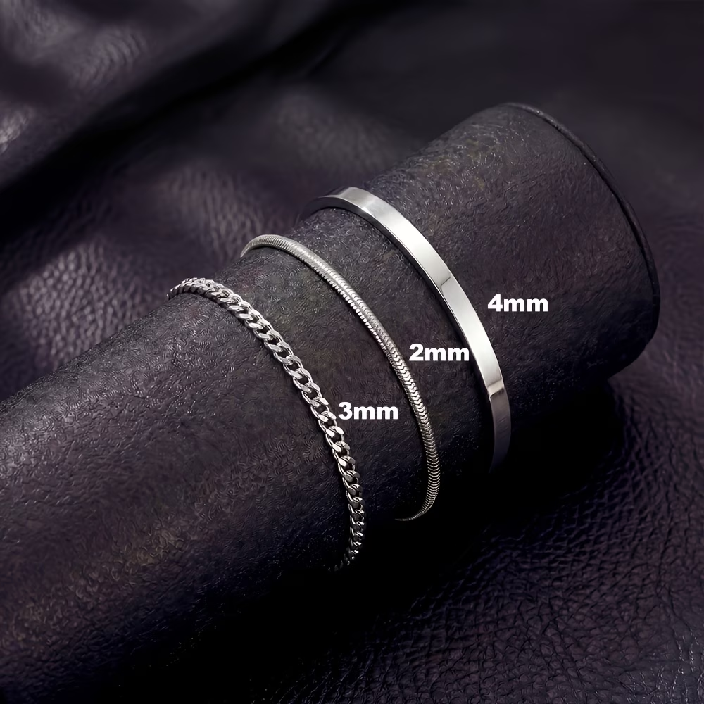 3pcs Minimalist Men's Stainless Steel Bracelet Set: Silvery Snake Chain and Cuban Link Adjustable Bangle, Men's Fashion Accessory Jewelry Set