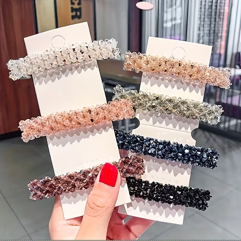 Flash Diamond Handmade Beaded Crystal Spring Clip Hair Accessories Hair Clip Fish Line Braided Edge Clip Exquisite One-Word Clip Hair Accessories Festival Gift
