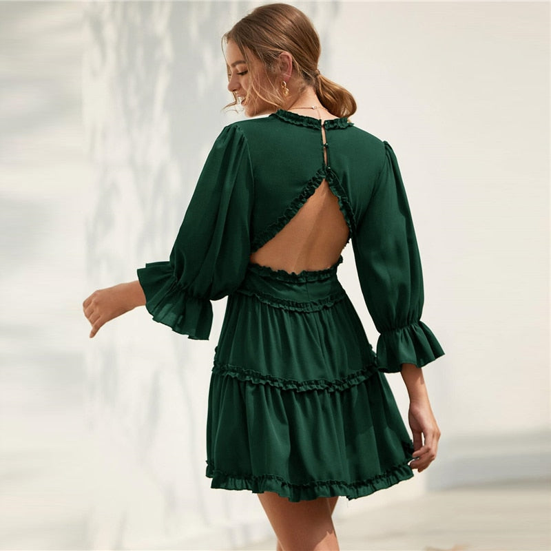 Solid Deep V Neck Frill Trim Sexy Flared Dress Women Spring Flounce Sleeve Open Back High Waist A Line Short Dresses