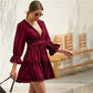 Solid Deep V Neck Frill Trim Sexy Flared Dress Women Spring Flounce Sleeve Open Back High Waist A Line Short Dresses